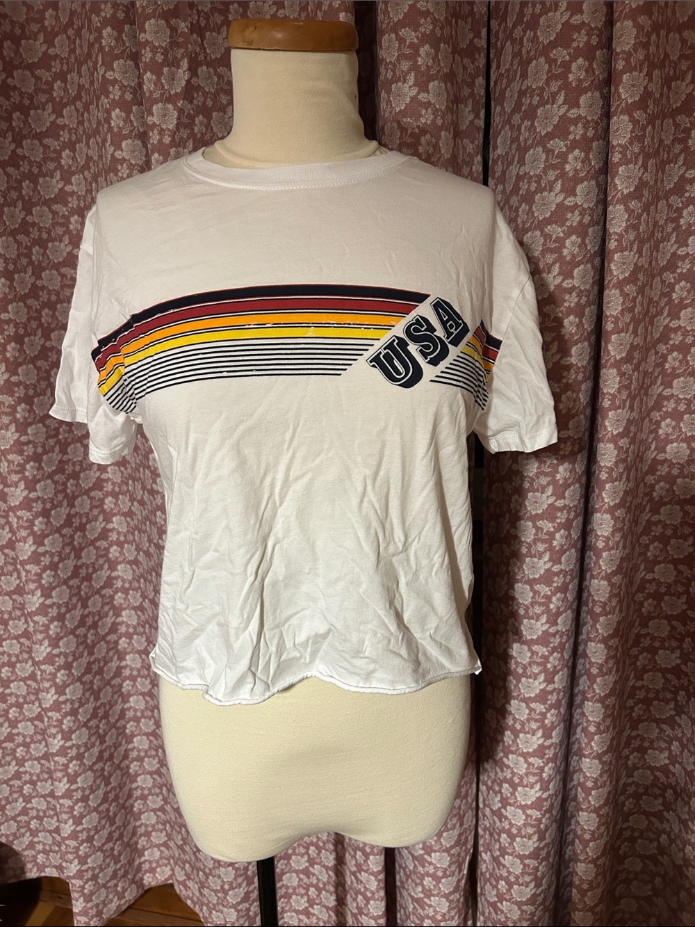 Grayson Threads USA White Crop Tee with Red, Yellow & Black Stripes